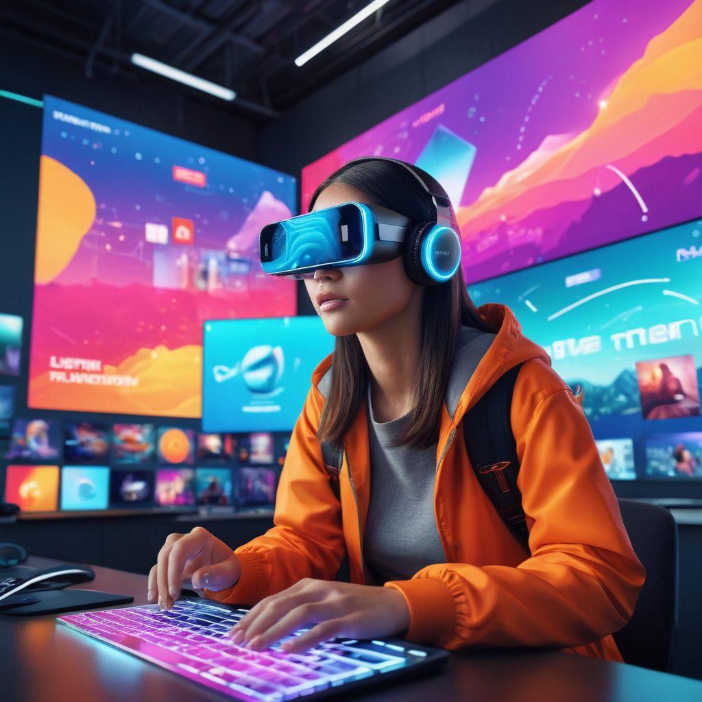 A dynamic scene showcasing a diverse group of content creators engaging with cutting-edge live streaming technology, surrounded by vibrant digital storytelling elements like floating graphics and emotive visuals. Include a futuristic camera with advanced features at the forefront, symbolizing innovation in media. The background should be a blend of bright colors depicting a digital landscape, representing the future of communication. super-realistic. vibrant colors. 3D.