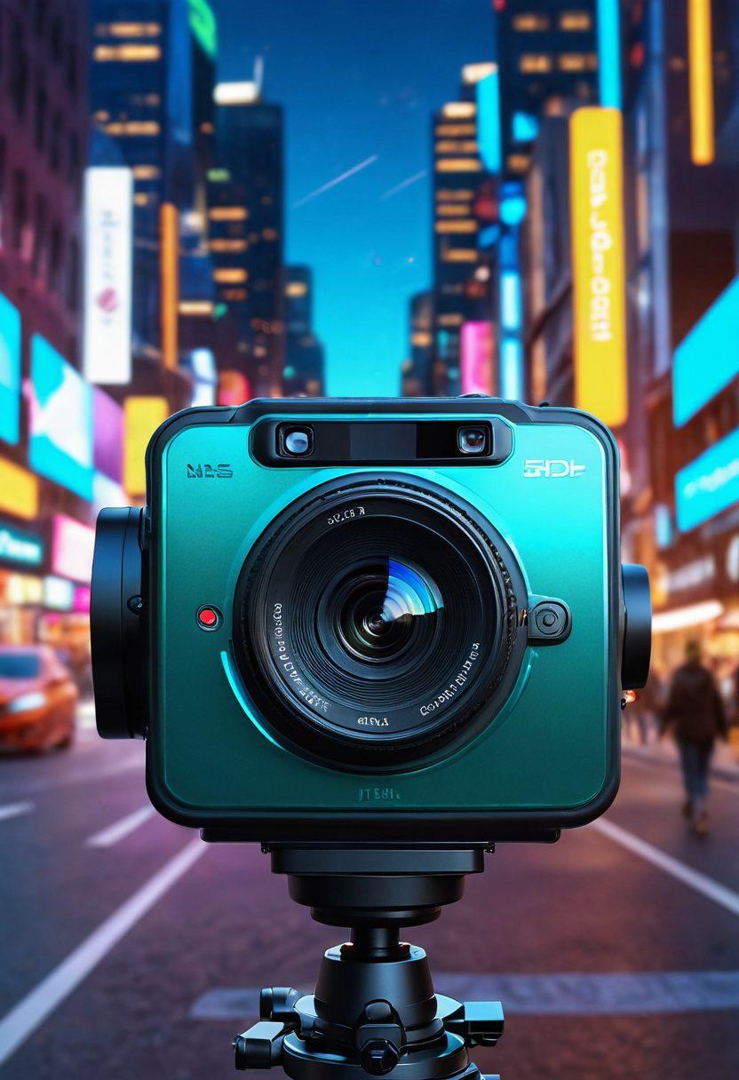 A futuristic camera showcasing advanced technology, surrounded by visual storytelling elements like holographic images and vibrant scenes from diverse cultures. The backdrop should be a blend of urban and natural landscapes, symbolizing the connection between human experiences and camera innovations. Illuminate the scene with dynamic lighting to emphasize creativity and engagement. super-realistic. vibrant colors. 3D.